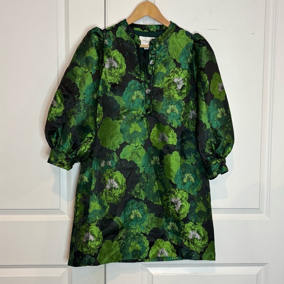 NWT Tuckernuck Pomander Place Green Floral Jacquard Samantha Dress Long Sleeve S - Picture 2 of 11
